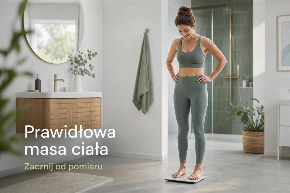 Kobieta w stroju sportowym stoi na wadze łazienkowej; napis „Prawidłowa masa ciała — zacznij od pomiaru”