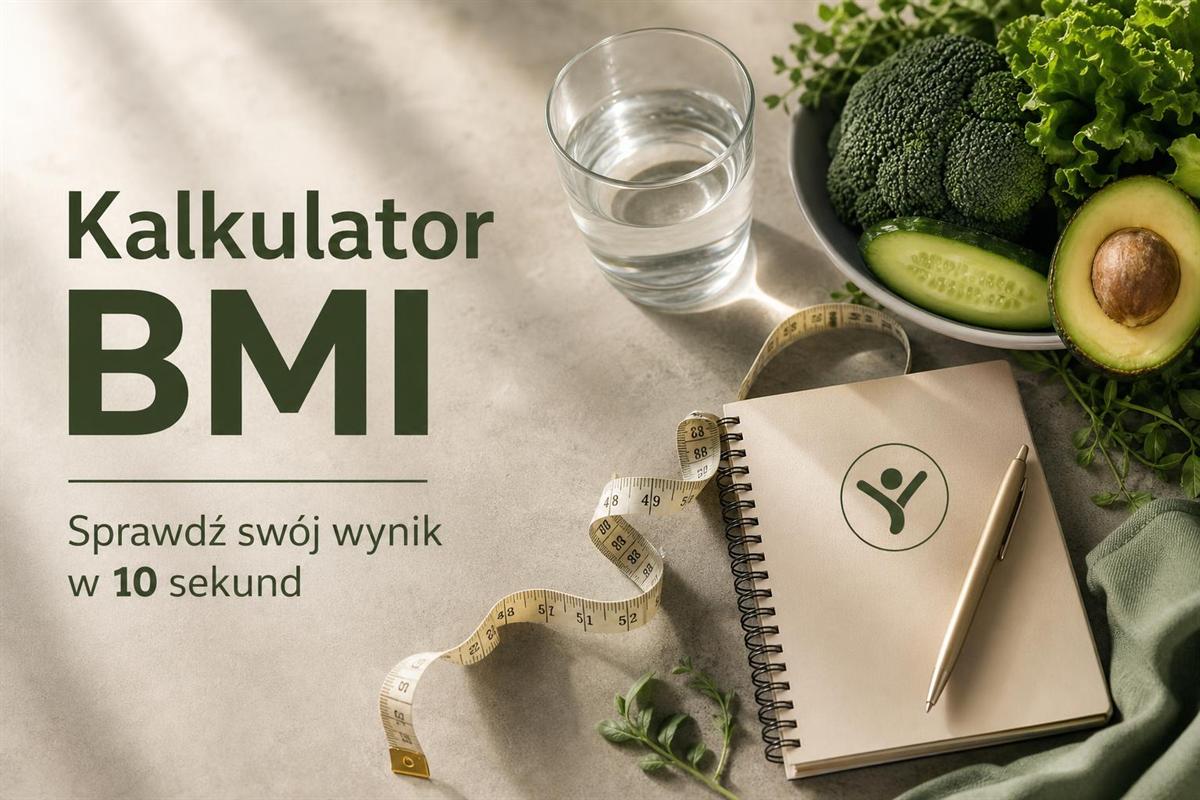 Centymetr krawiecki, notes, szklanka wody i miska warzyw na jasnym blacie; napis „Kalkulator BMI”