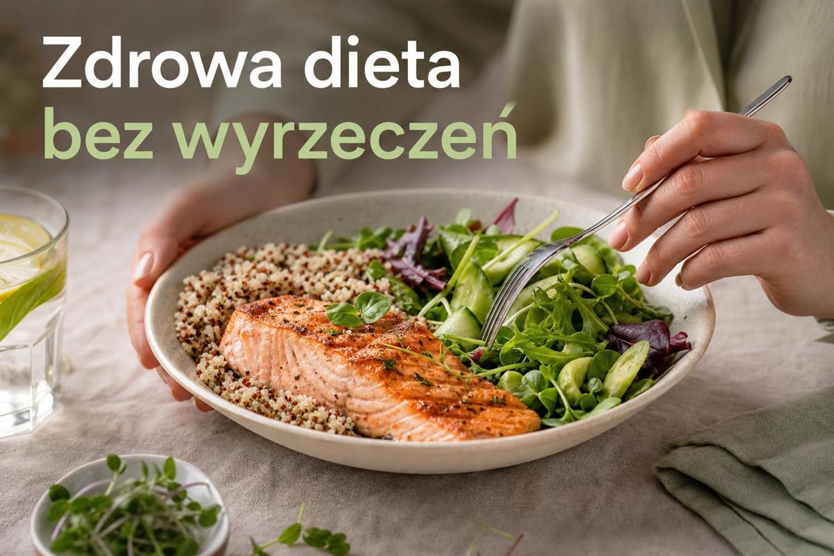 Miska z pieczonym łososiem, komosą ryżową i zieloną sałatą; napis „Zdrowa dieta bez wyrzeczeń”
