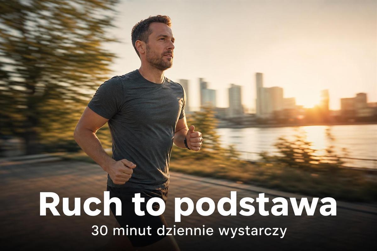 Mężczyzna biegnący nadrzeczną promenadą o zachodzie słońca; napis „Ruch to podstawa”